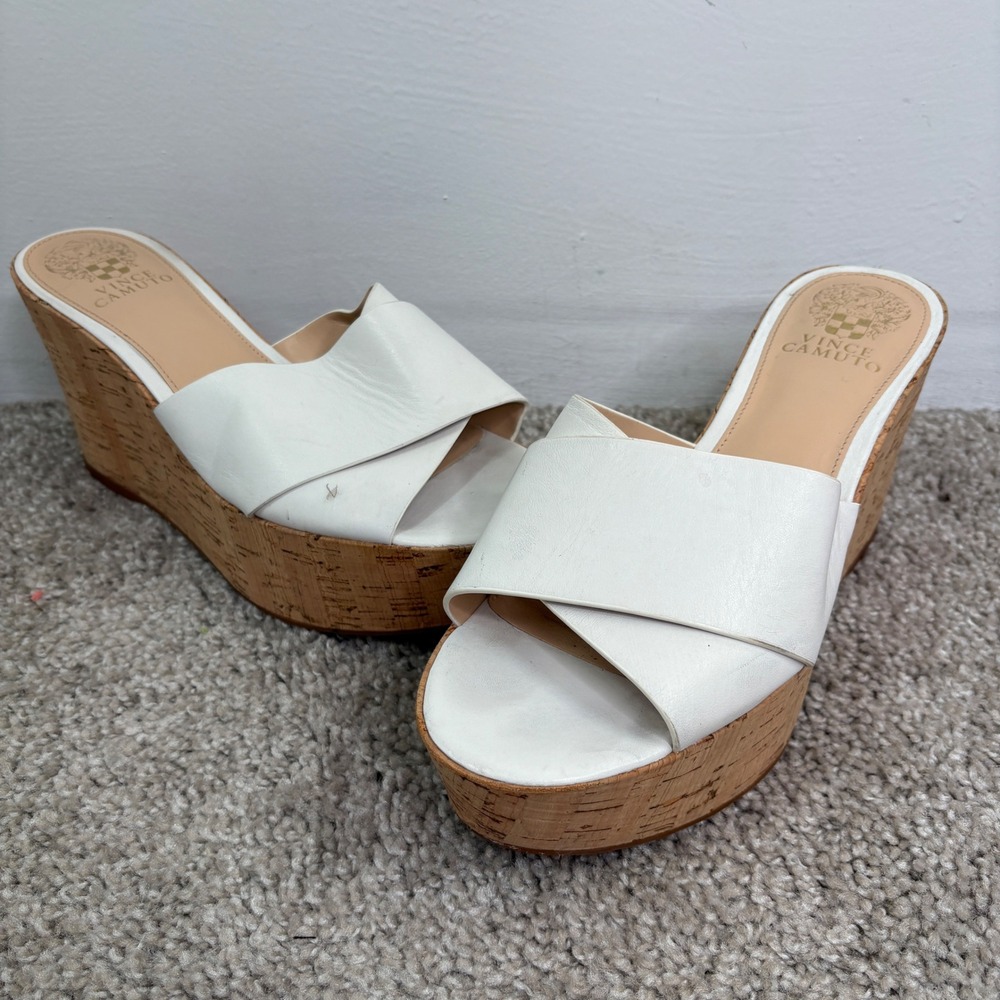 Vince Camuto Women's White Leather Cross‎ Strap Cork Wedge Platform Slides